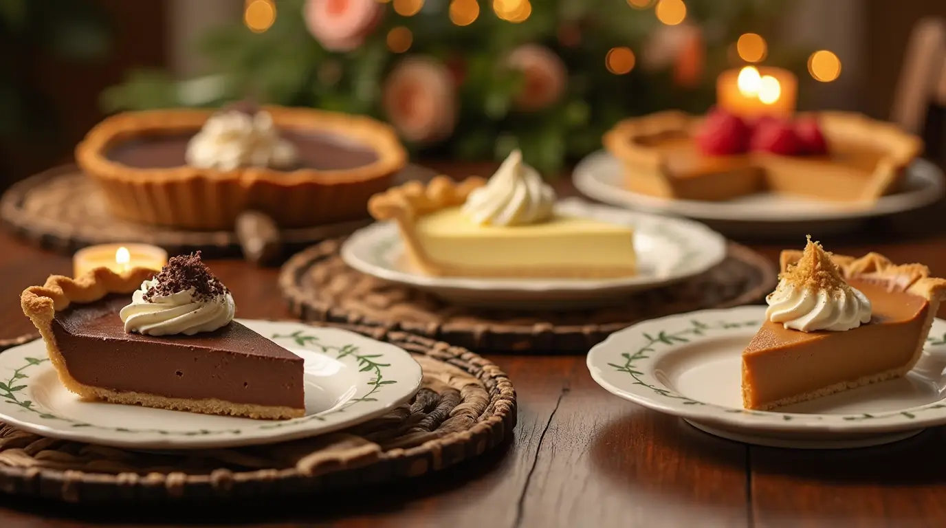 Assorted Edwards pies on a family dinner table with whipped cream and fresh fruit toppings.