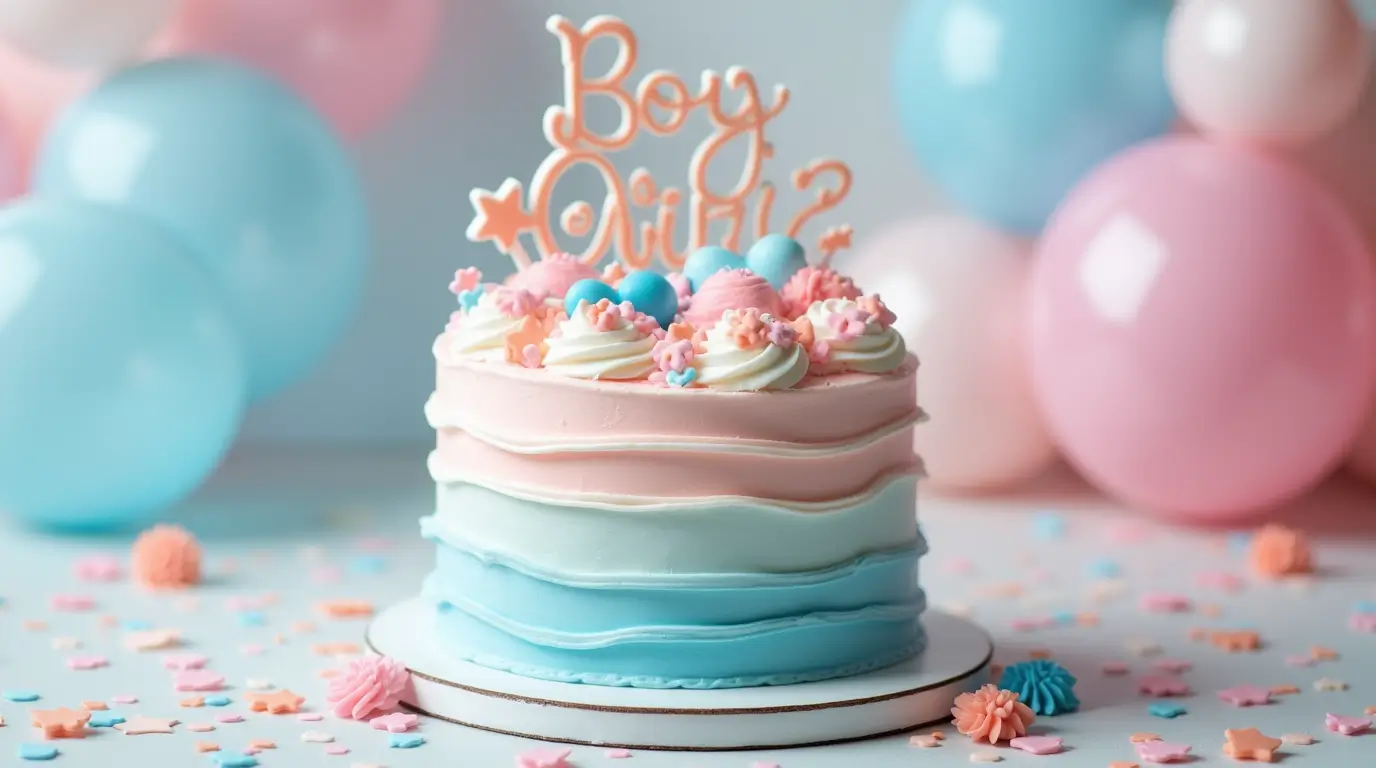 A beautifully decorated gender reveal cake with pastel pink and blue layers, topped with swirls of cream, small flowers, and round decorations, alongside a "Boy or Girl?" topper. The background features pink and blue balloons and confetti.