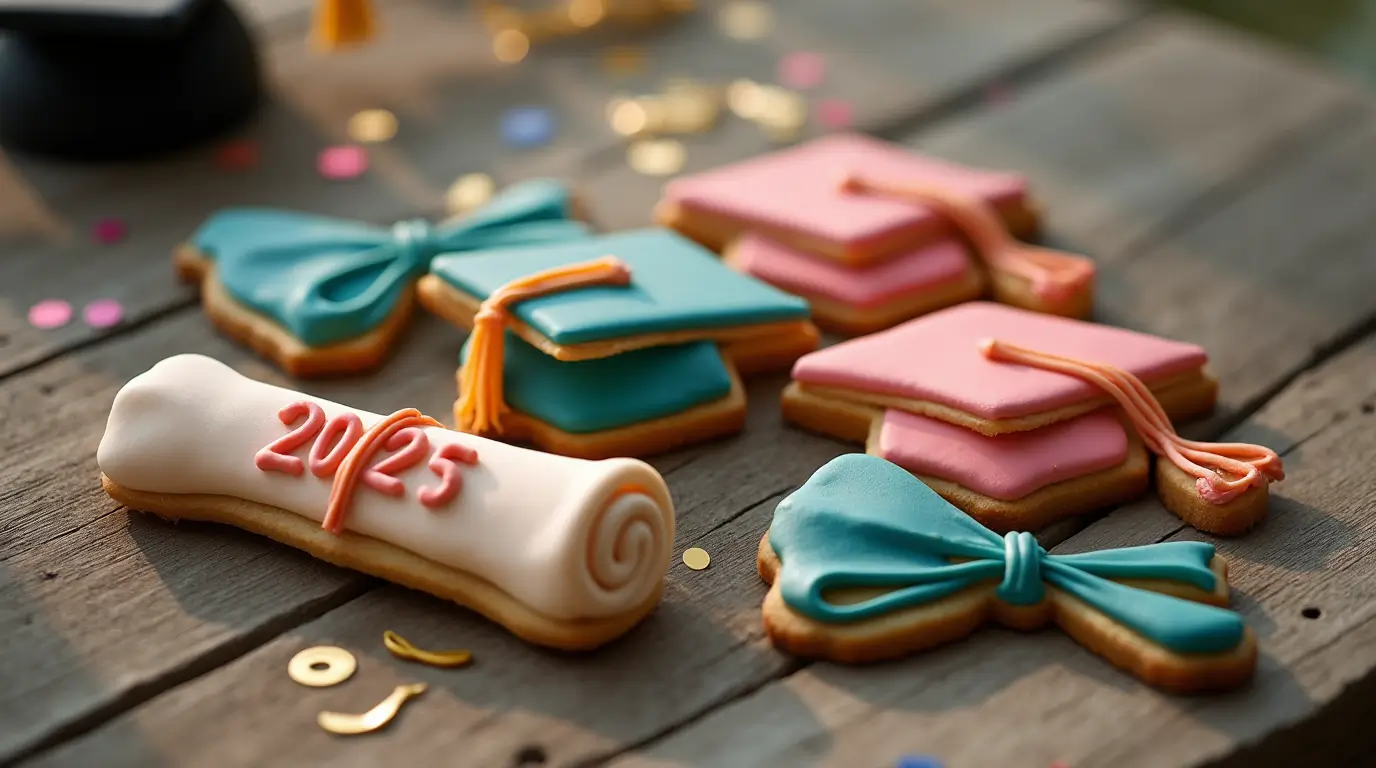 Decorated graduation cookies shaped like caps, diplomas, and the year ‘2025’ on a wooden table, with intricate icing designs in school colors.