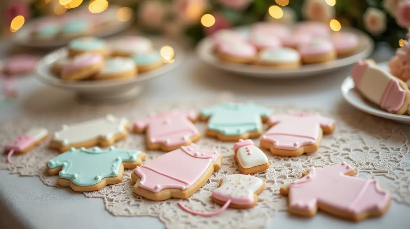 Beautifully decorated baby shower cookies shaped like onesies, bottles, and pacifiers on a lace tablecloth with floral centerpieces and fairy lights.