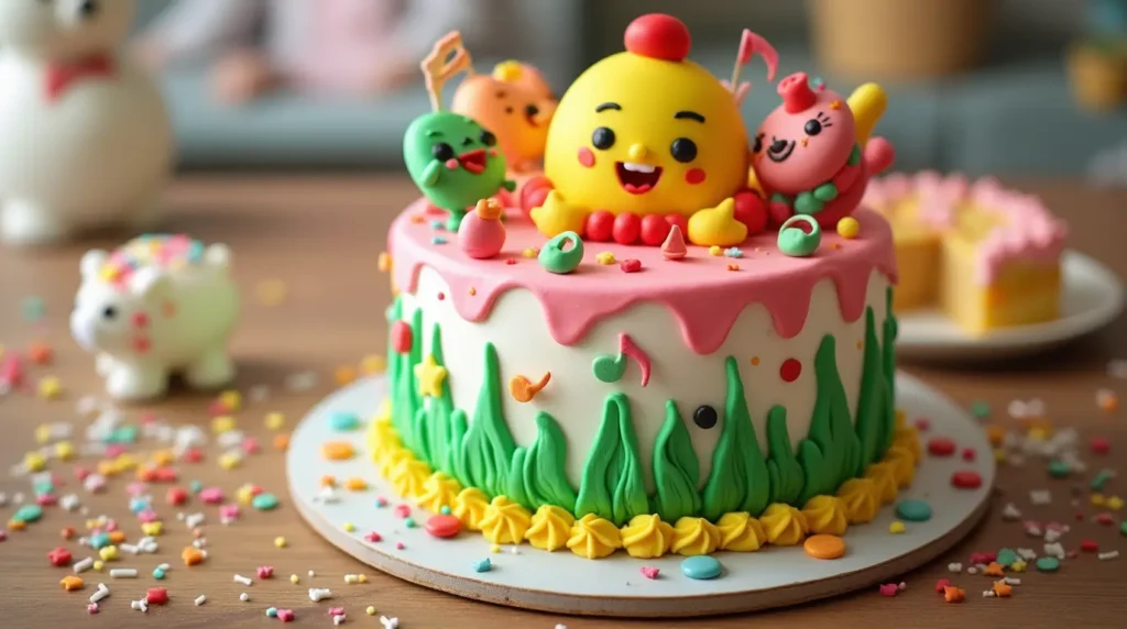 Cocomelon-themed birthday cake with fondant decorations and JJ character face.