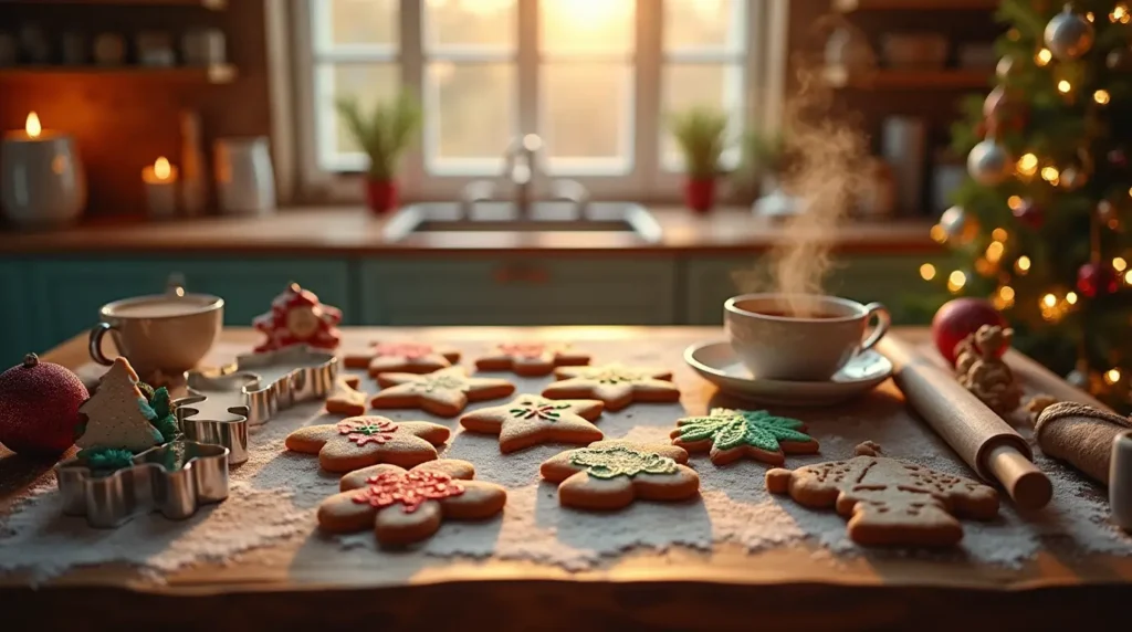 Cozy Christmas kitchen with holiday cookie cutters, gingerbread men, snowflakes, and Christmas tree cookies on a wooden table, with hot cocoa and festive decorations.