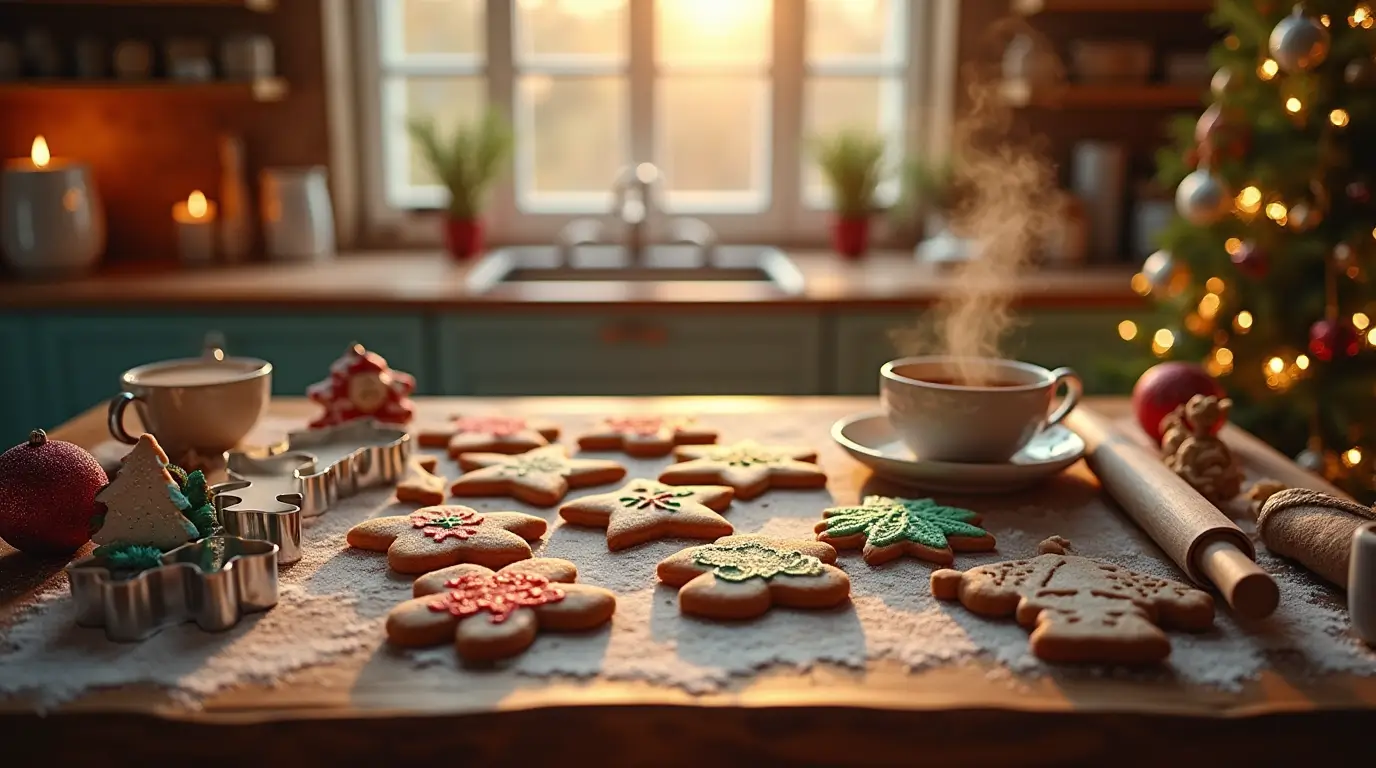 Cozy Christmas kitchen with holiday cookie cutters, gingerbread men, snowflakes, and Christmas tree cookies on a wooden table, with hot cocoa and festive decorations.