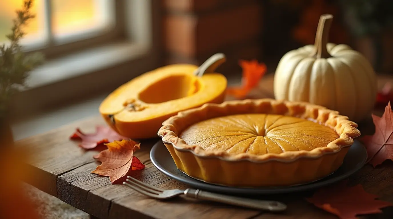 Freshly baked pumpkin pie made from white pie pumpkins, surrounded by autumn leaves and a halved white pie pumpkin with smooth flesh, in a cozy fall kitchen.