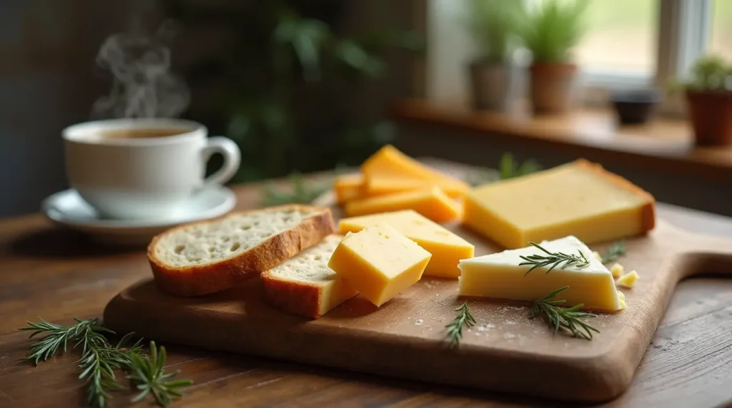 A rustic kitchen scene with a wooden table, featuring a bread and cheese platter, fresh herbs, and a cup of coffee.