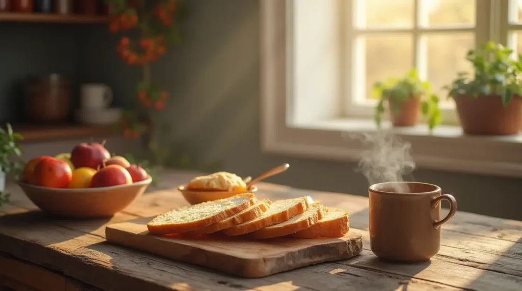 Freshly baked bread slices on a cutting board with a warm mug of coffee in a cozy kitchen setting.