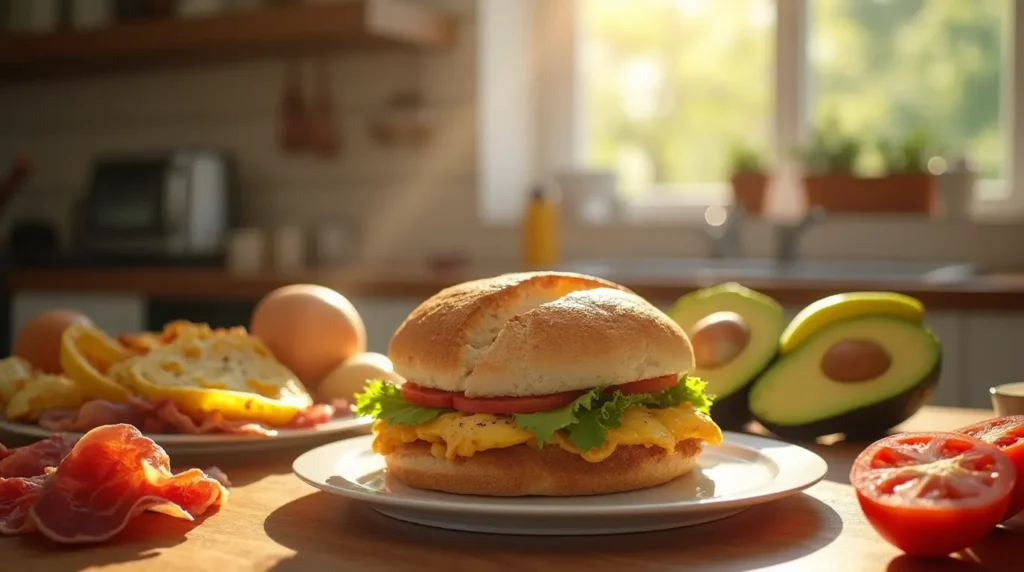 Martin's Potato Bread loaf on a wooden table with fresh ingredients like eggs, avocado, bacon, and tomatoes for a breakfast sandwich.