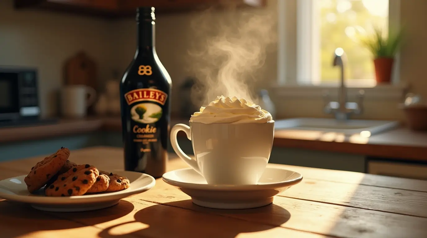 Steaming cup of coffee with whipped cream, Baileys Cookie Creamer bottle, and freshly baked cookies in a cozy kitchen.