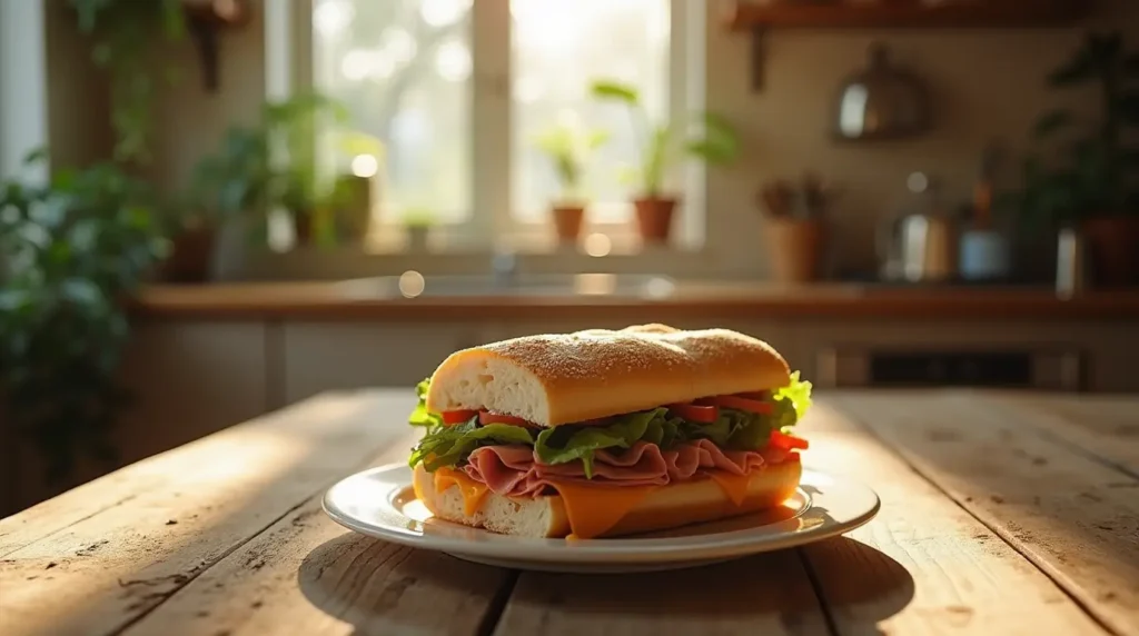 Fresh sandwich with sub white bread, deli meats, vegetables, and melted cheese on a rustic wooden table in a cozy kitchen.
