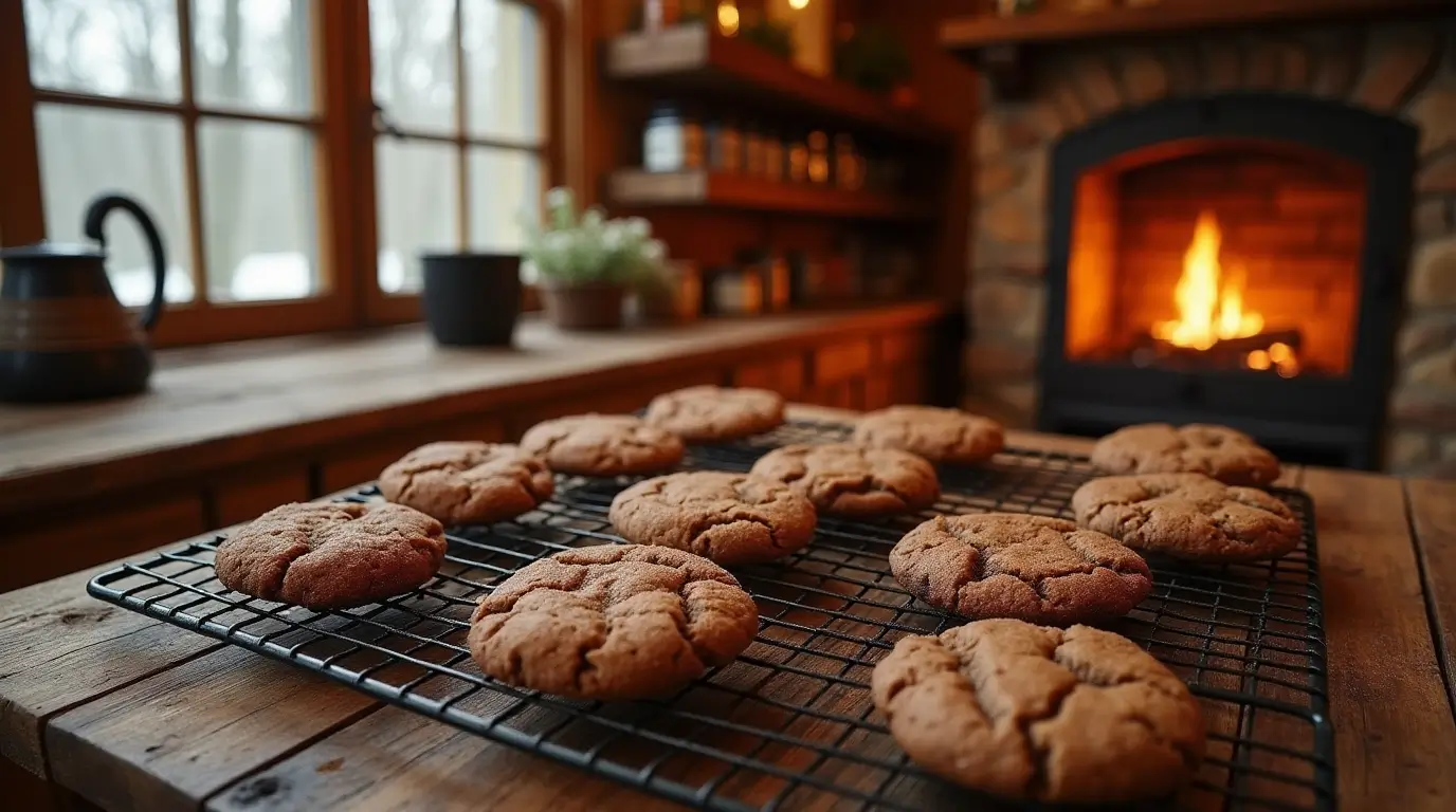 Freshly baked Vermont chewy molasses cookies cooling on a wire rack in a cozy winter kitchen with snow outside.