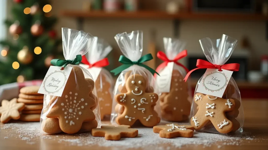 Holiday-themed cookies in clear cellophane bags with festive ribbons and tags on a kitchen countertop, with a Christmas tree in the background.