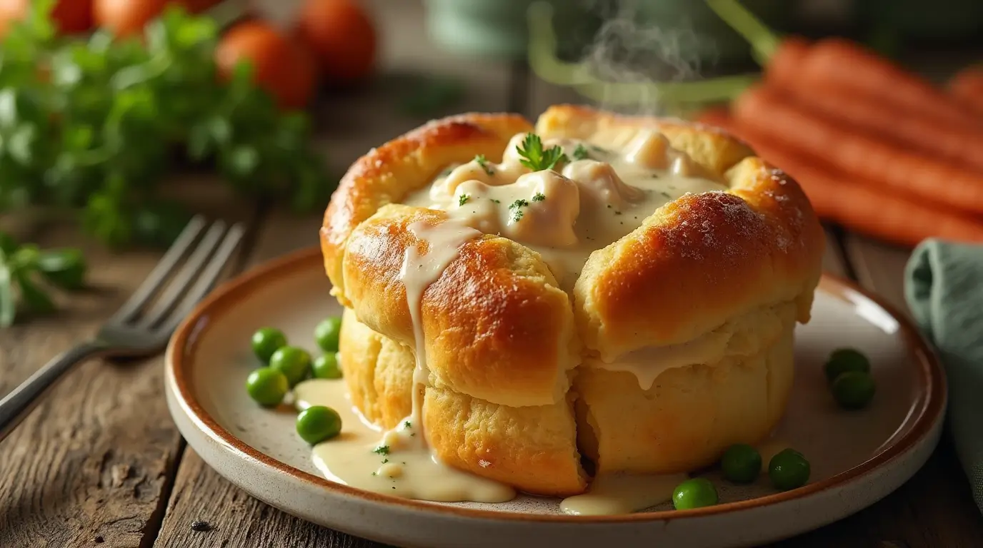 Golden, fluffy popover filled with creamy chicken pot pie mixture, surrounded by fresh vegetables and herbs.