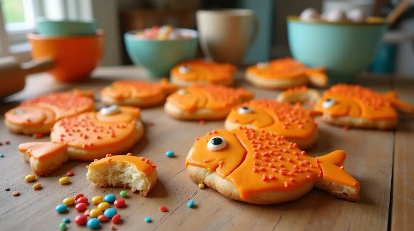 Decorated orange fish-shaped cookies on a wooden table with colorful icing, candy eyes, and sprinkles.