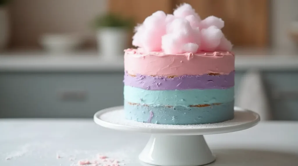Realistic cotton candy cake with pastel layers and fluffy cotton candy topping on a white cake stand.