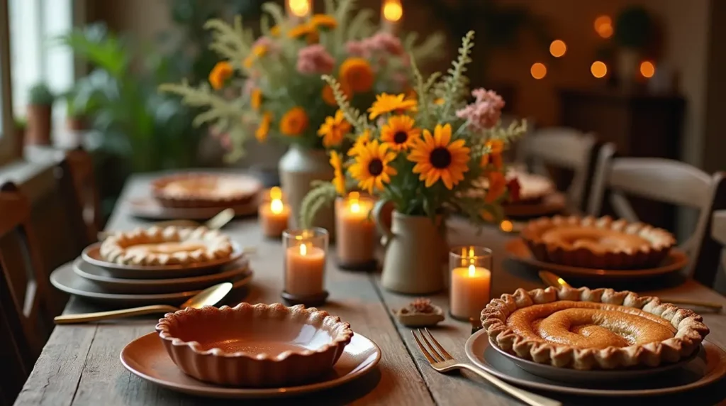 Rustic dining table with elegant mud pie dishes, fresh flowers, candles, and soft lighting creating a cozy, inviting atmosphere.