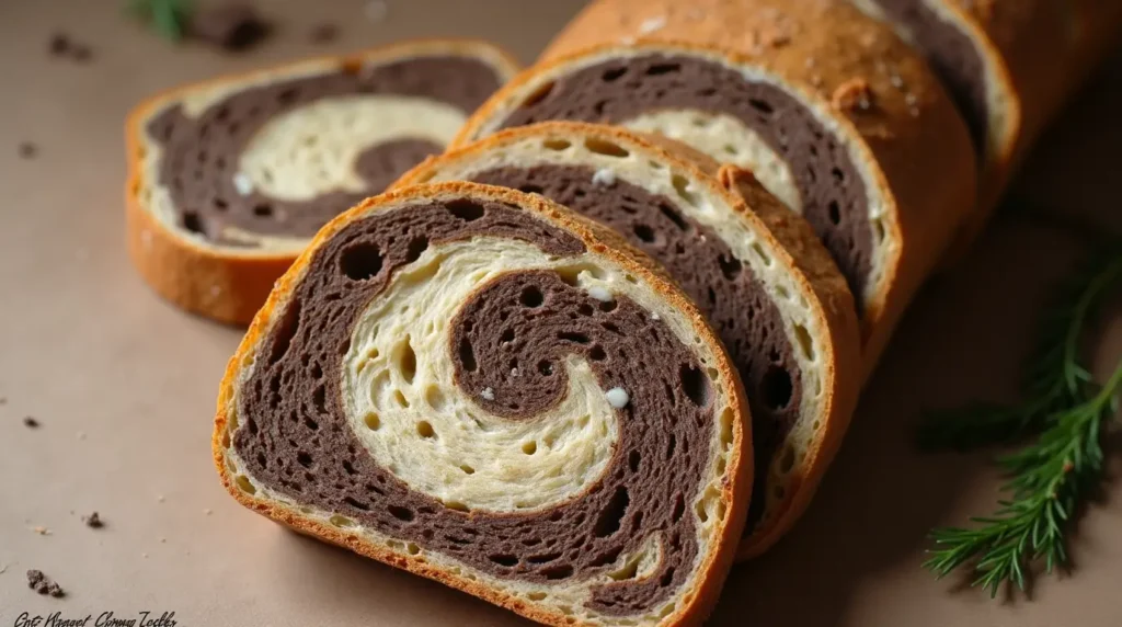 A loaf of marble rye bread with intricate swirls placed on a wooden cutting board in a rustic kitchen, surrounded by cream cheese, smoked salmon, and herbs.