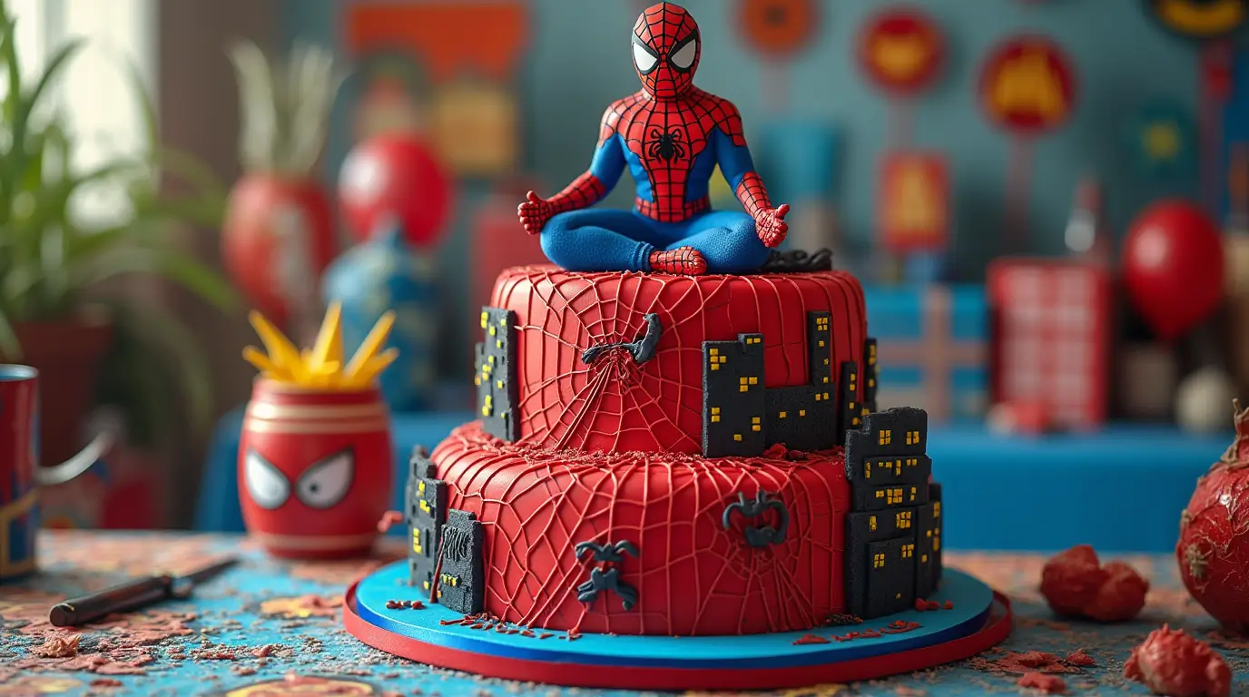 Spiderman cake with a 3D action figure, web patterns, and cityscape decorations for a superhero-themed celebration.