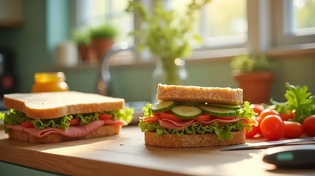Fresh sandwich made with lunch meat, whole wheat bread, and colorful vegetables in a modern kitchen setting.