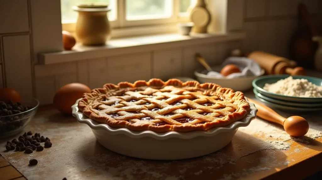 Freshly baked Toll House Pie on a wooden countertop surrounded by baking ingredients like chocolate chips, eggs, and flour in a cozy kitchen.