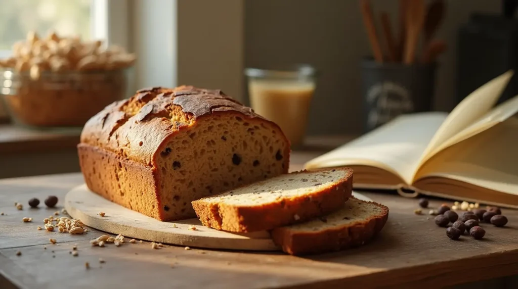 Freshly baked loaf of wheatberry bread sliced on a rustic wooden table with scattered wheatberries and a cozy kitchen atmosphere.