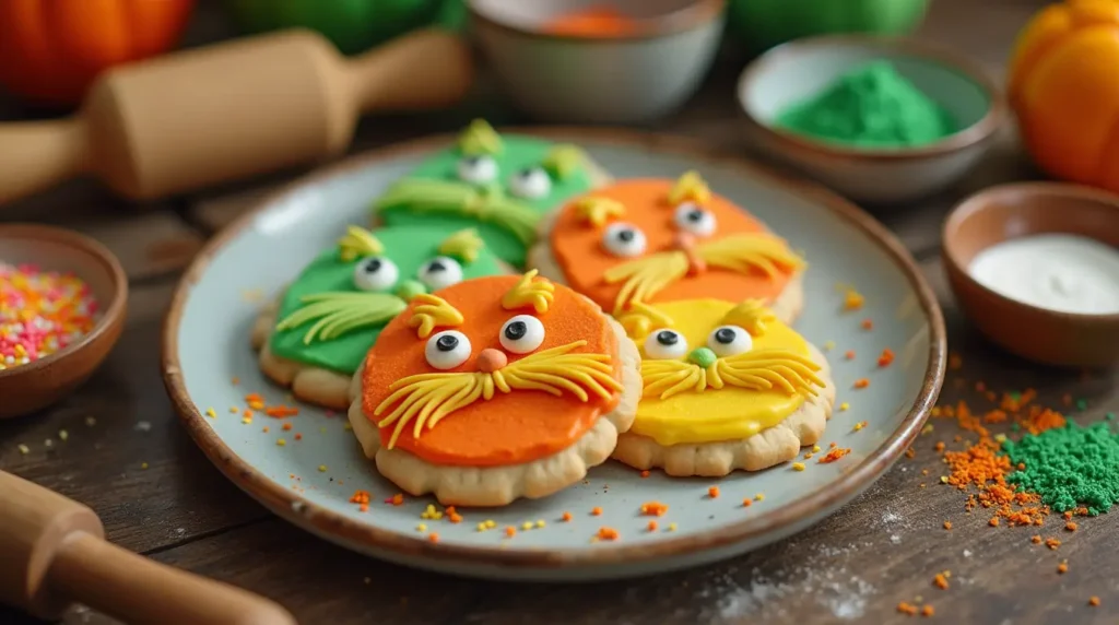 Colorful Lorax-themed cookies decorated with green, orange, and yellow icing, surrounded by baking tools like rolling pins and mixing bowls.