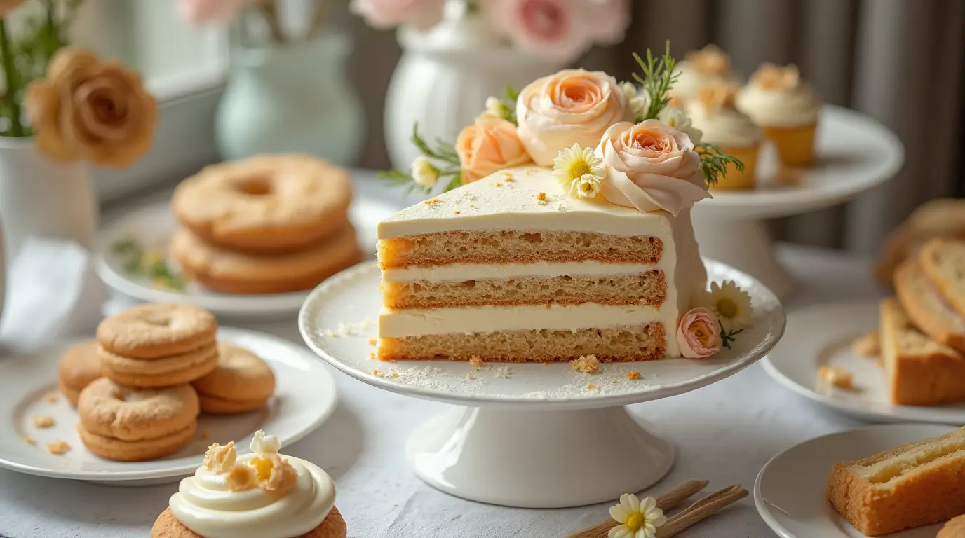 Close-up of a beautifully plated cake with madeleine cookies incorporated into the layers, surrounded by delicate pastries in an elegant French patisserie setting.