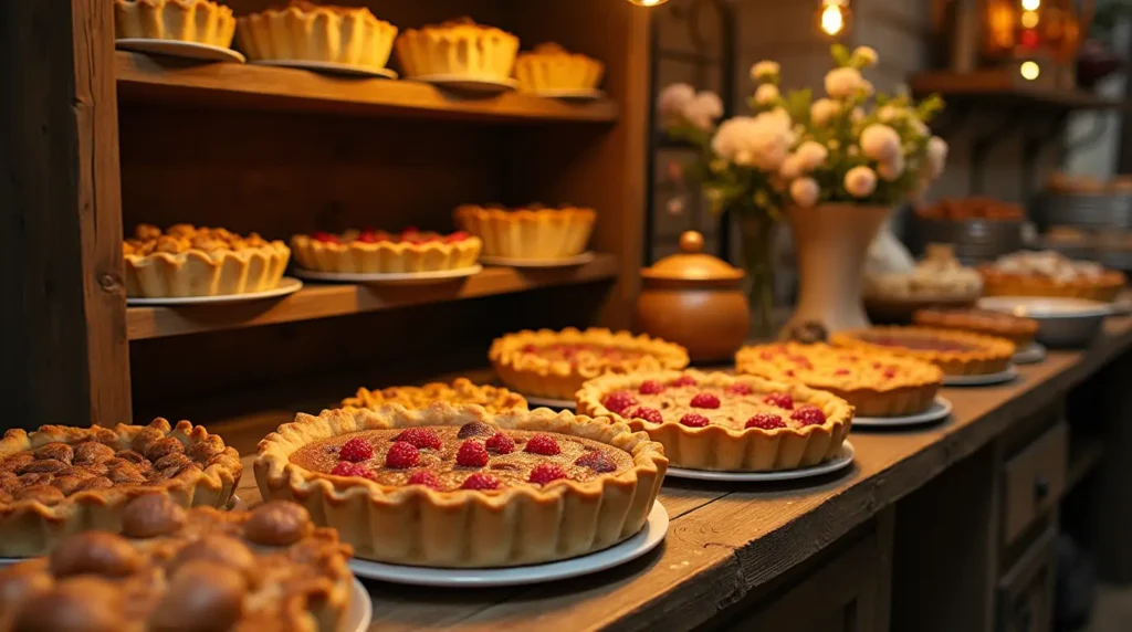 Freshly baked Cyrus Olearie's pies displayed in a cozy, rustic bakery with golden lighting.