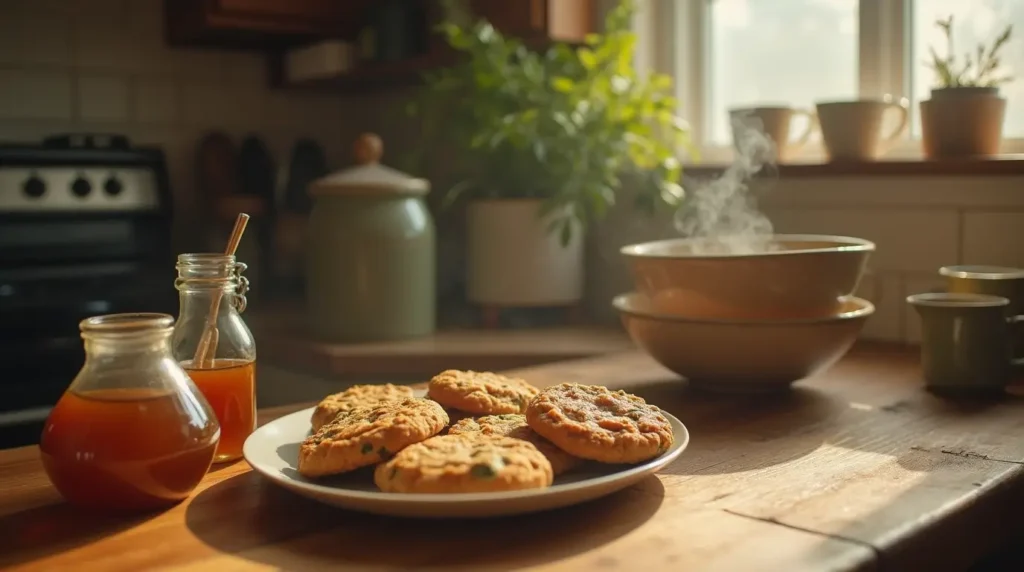 Baking weed cookies with maple syrup in a cozy kitchen with cannabis butter and maple syrup jars on the counter.