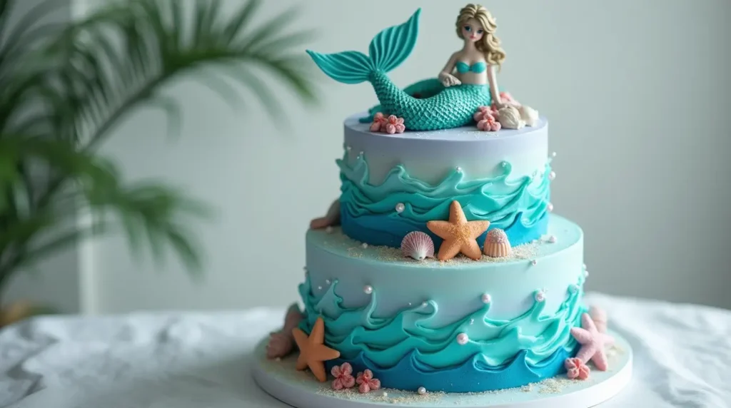 Realistic three-tier mermaid cake with gradient blue and purple buttercream, shimmering edible pearls, fondant mermaid tail, and sea shell decorations.