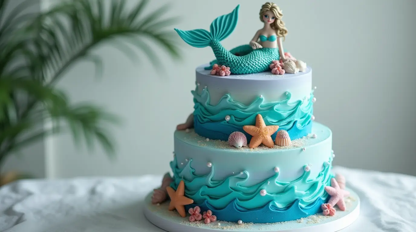 Realistic three-tier mermaid cake with gradient blue and purple buttercream, shimmering edible pearls, fondant mermaid tail, and sea shell decorations.