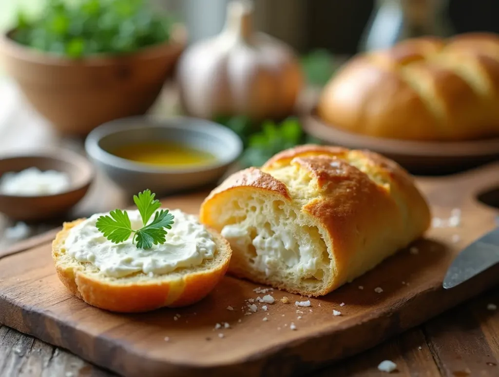 Freshly baked Greek Yogurt Garlic Bread with crispy edges, creamy yogurt garlic spread, and fresh parsley garnish on a rustic wooden cutting board.