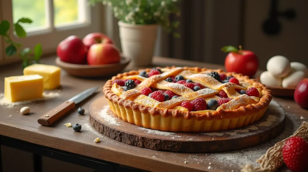 Freshly baked DD pie on a rustic wooden table with seasonal fruits and ingredients surrounding it.