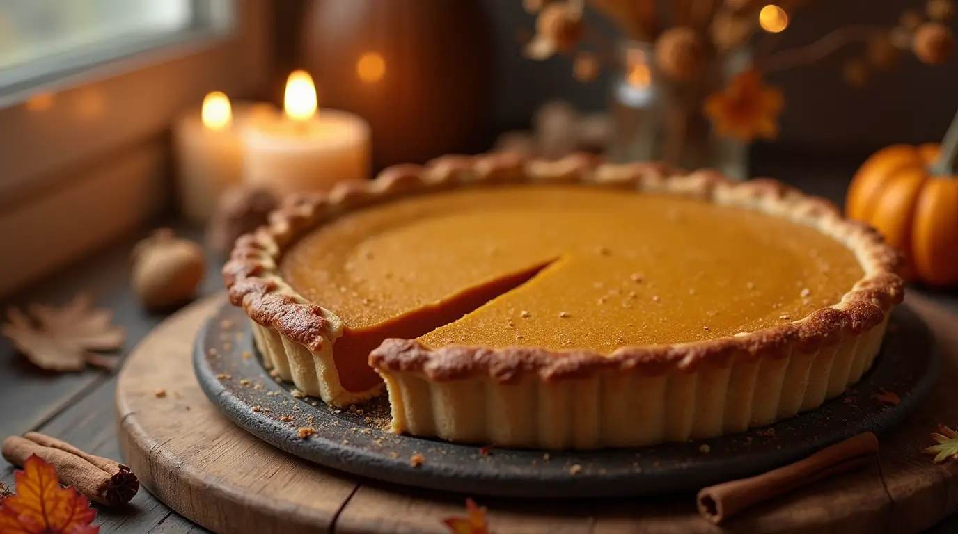 Autumn scene with freshly baked pumpkin pie surrounded by fall decorations, cinnamon sticks, and soft candlelight.