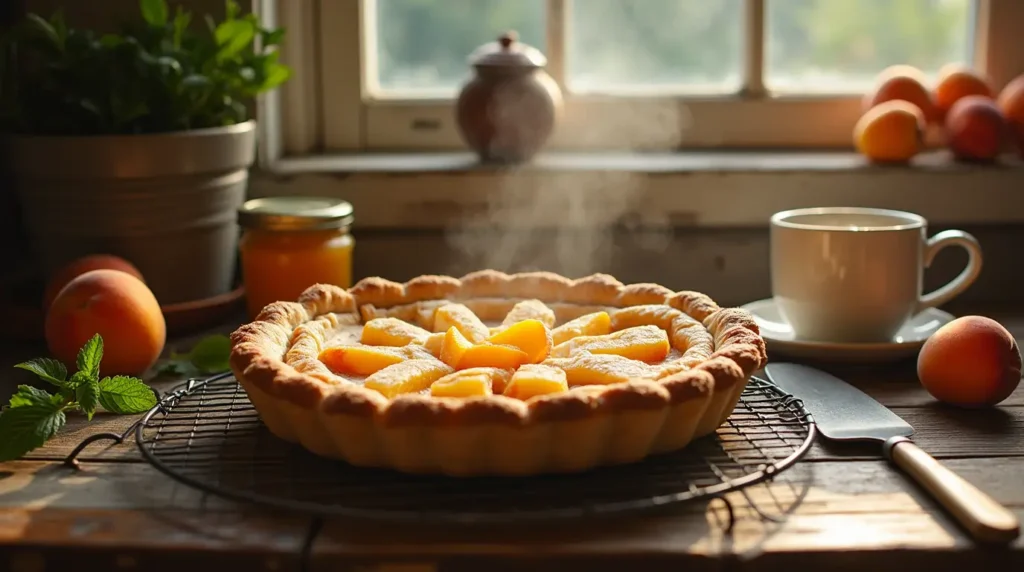 Freshly baked canned peach pie on a rustic wooden table with a golden crust, canned peaches, and a steaming cup of tea.