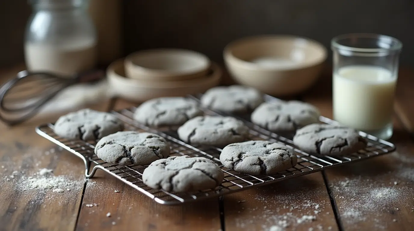 Freshly baked grey-colored cookies cooling on a wire rack with a rustic kitchen setting.