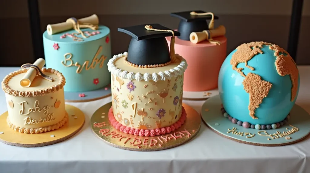 Five unique graduation cake designs including a graduation cap, diploma scroll, tassel, globe, and photo collage cake for a celebratory party.