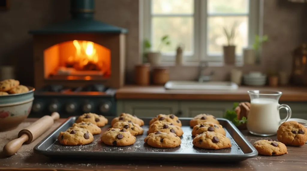 Freshly baked chocolate chip cookies cooling on a cookie tray in a cozy kitchen setting with warm lighting.