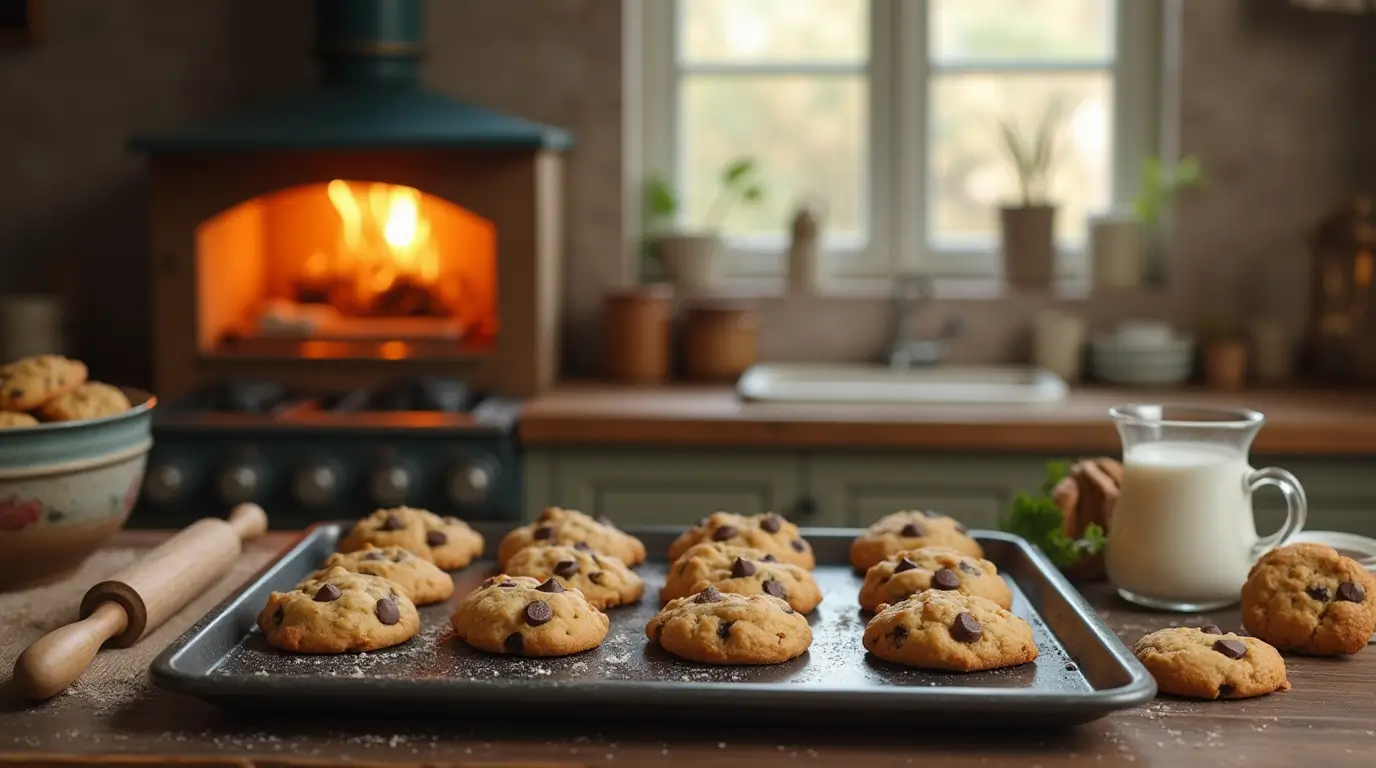 Freshly baked chocolate chip cookies cooling on a cookie tray in a cozy kitchen setting with warm lighting.