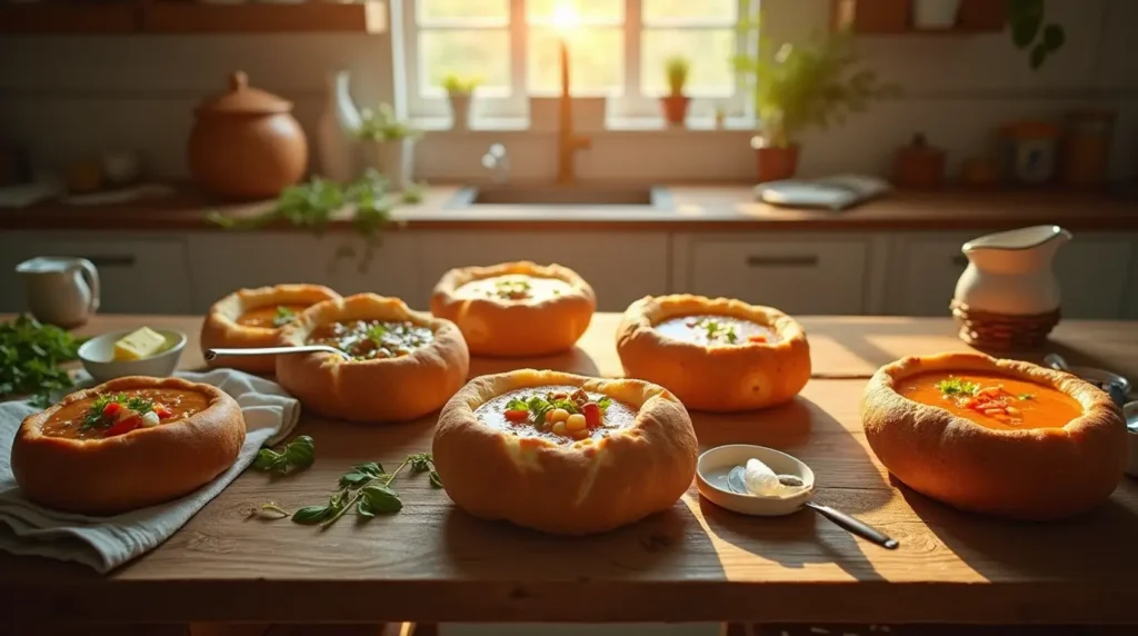 Freshly baked sourdough bread bowls filled with hearty soups like clam chowder, beef stew, and creamy tomato, set on a rustic kitchen table.