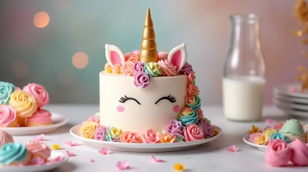 Whimsical unicorn cake with a golden horn, rainbow mane, and edible flowers, surrounded by pastel-colored decorations in a magical kitchen.