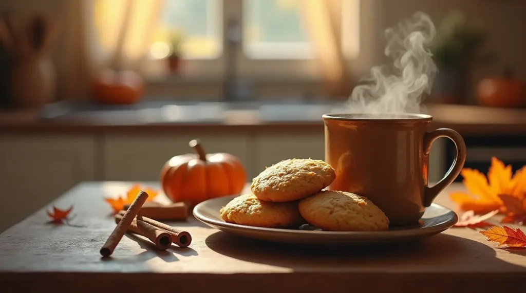 Plate of freshly baked pumpkin pie cookies with chai tea in a cozy autumn kitchen.