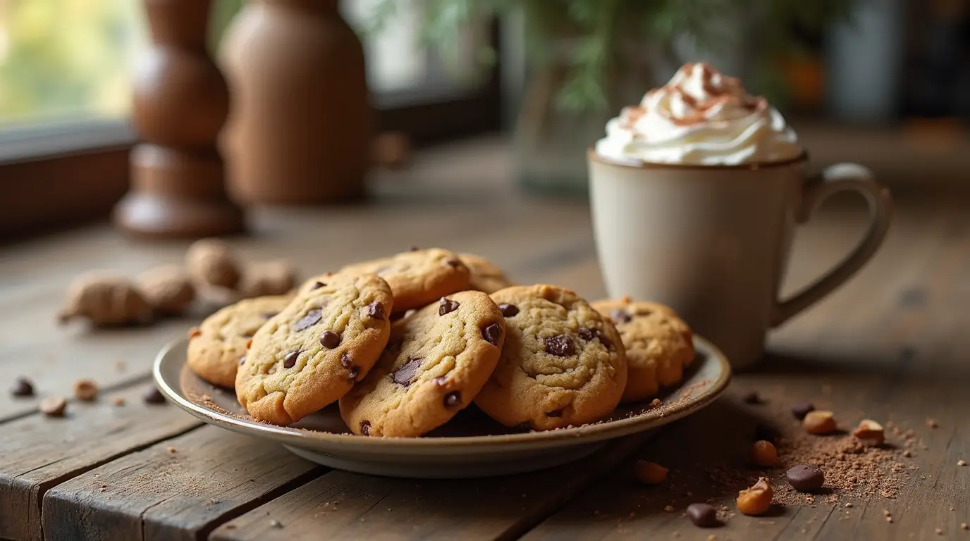 Plate of freshly baked tinker cookies with chocolate chips, nuts, and hot cocoa in a cozy kitchen setting.